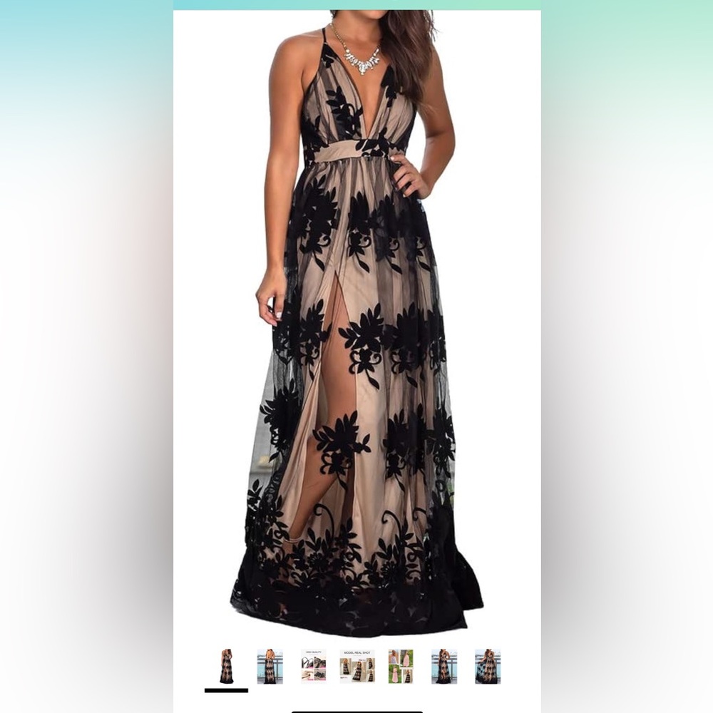Black mesh lace formal dress